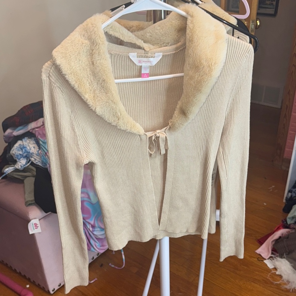 No Boundaries Cream Cardigan with Faux Fur Collar
